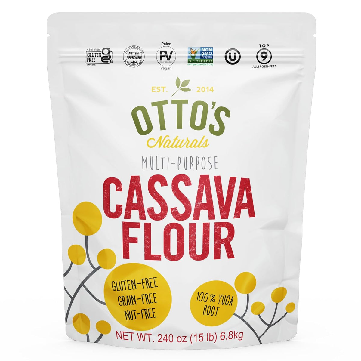 Otto's Naturals Multi-Purpose Cassava Flour, Non-GMO, Gluten-Free, Grain, Nut and Gum-Free, 1-to-1 Wheat Alternative, Paleo, AIP, 15 lb