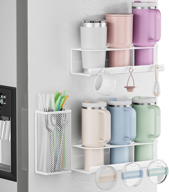 Magnetic Cup Holder For Stanley 20/30/40oz - 2 Pack Tumbler Organizer for Stanley - Water Bottle Organizer for Fridge with Straw Basket & 6 Hooks for Tumbler Cup Lids Accessories Organization White