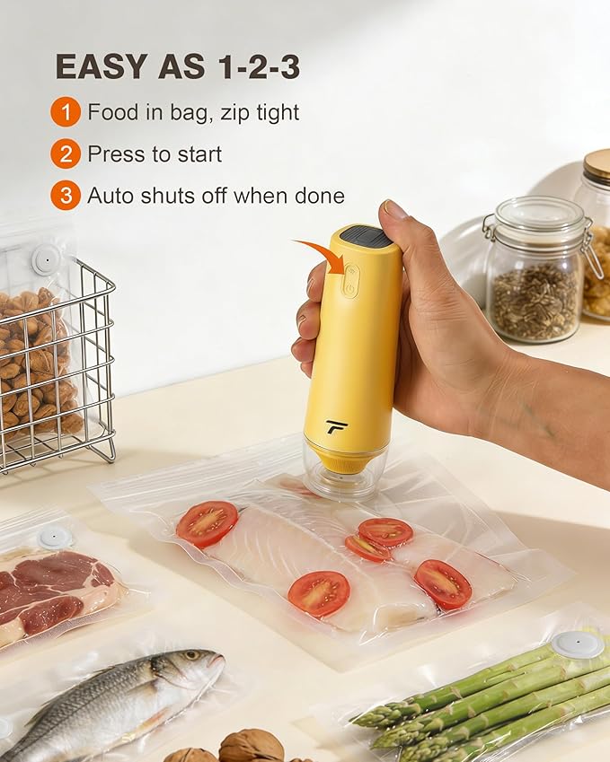 Vacuum sealer for food, Chef’s Design to Preserve Freshness, Compact Handheld Vacuum Sealer with 30 Reusable Bags, Professional-Grade for Food Storage Savers, Mustard