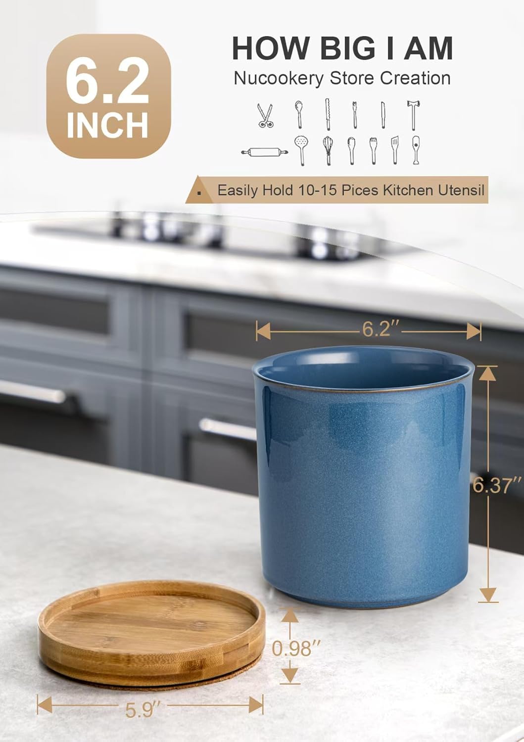 Nucookery 360°Rotating Utensil Holder, 7.2" Kitchen Utensil Crock, Ceramic Cooking Utensil Organizer with Countertop-Protection Cork Bottom for Farmhouse Kitchen Decor Christmas (Royal blue)