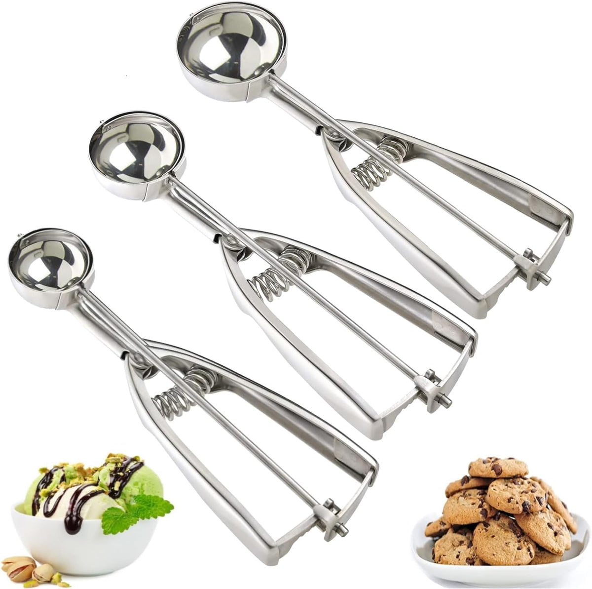 Ice Cream Scoop, 3Pcs Cookie Scoop Set, 18/8 Stainless Steel Cookie Dough Scoop, Cookie Scoops for Baking Set of 3, Ice Cream Scooper with Trigger Release, Cookie Scooper for Baking