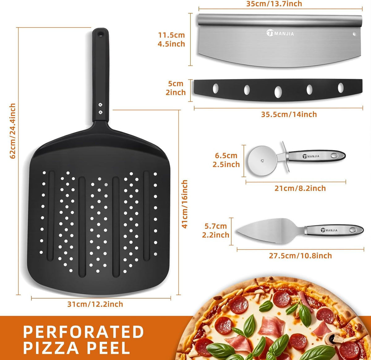 MANJIA Perforated Pizza Peel Aluminum 12 Inch Pizza Paddle Spatula Non-stick Metal Pizza Paddle with Rocker Cutter (12"x 14") Pizza Spatula Paddle Set for Family Homemade Baking Pizza Oven (black)