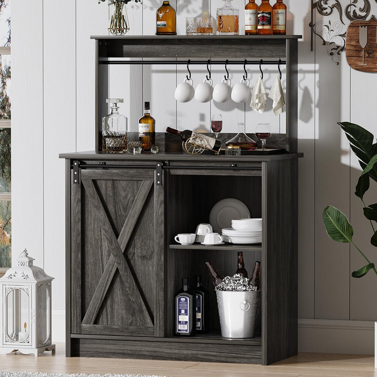 4ever2buy Farmhouse Coffee Bar Cabinet with 6 Hooks, 50'' Kitchen Buffet Hutch Cabinet with Sliding Barn Door, Small Coffee Bar Table with Hutch for Dining Living Room, Wash Gray