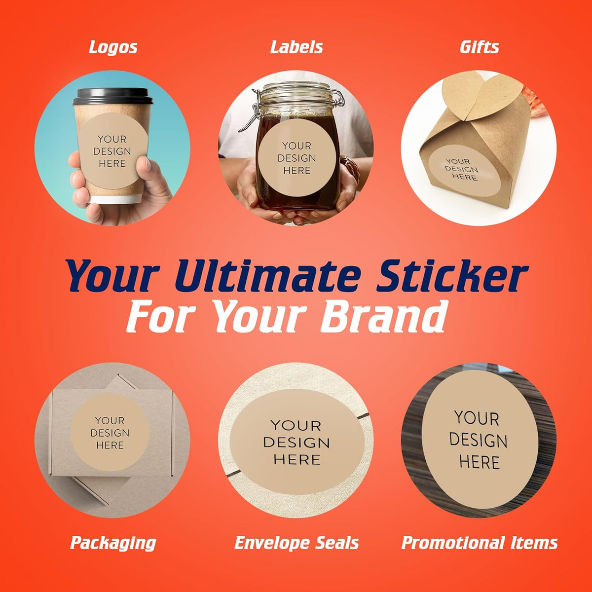 100 Custom Vinyl Stickers - Upload Your own Image, Text, Design, Logo - Personalized Logo Labels for Handmade, Packaging, Bottle, Jars, Candle, Brand Stickers (Brown, 6x6)