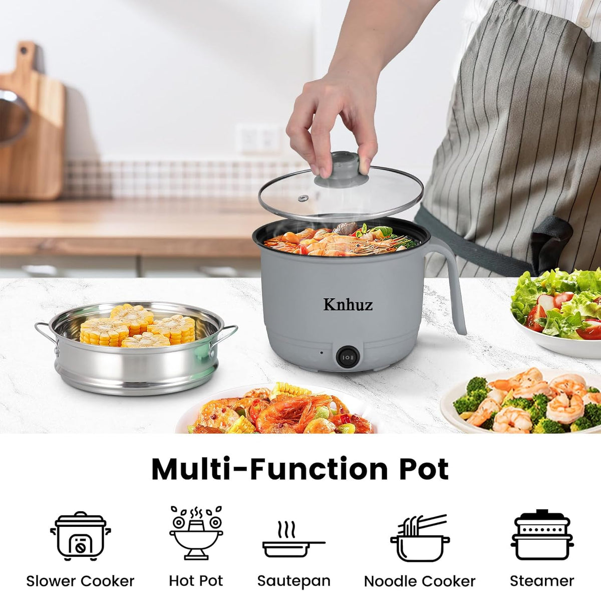 Hot Pot Electric With Steamer,Rapid Ramen Cooker,1.8L Mini Portable Self Heating Electric Pot For Cooking Noodles Steak Pasta,Shabu Shabu Hotpot Pot Electric Dorm Lazy Pot,Non-Stick Gray