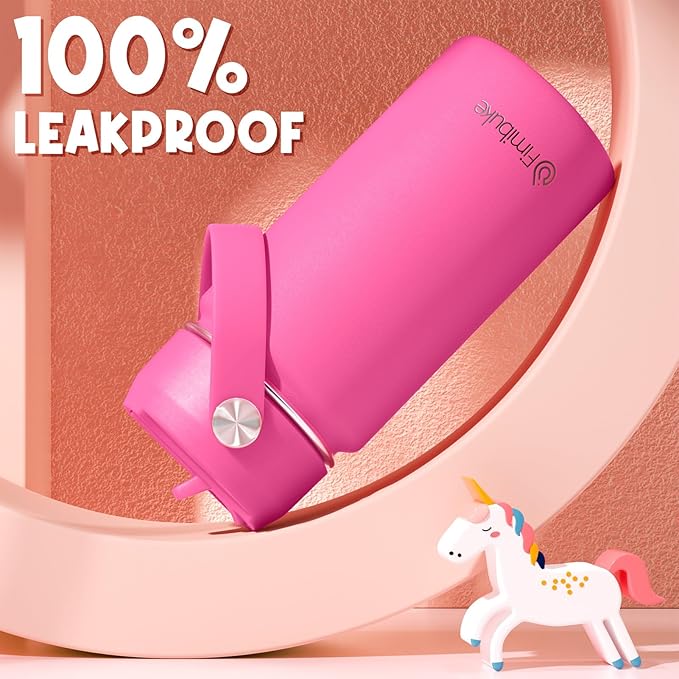 Fimibuke Kids Insulated Water Bottle, 14oz BPA FREE 18/8 Stainless Steel Travel Tumbler Double Wall Vacuum Leak Proof Kids Cup with Straw Metal Water Bottle for School Boys Girls(1 Pack, Magenta)
