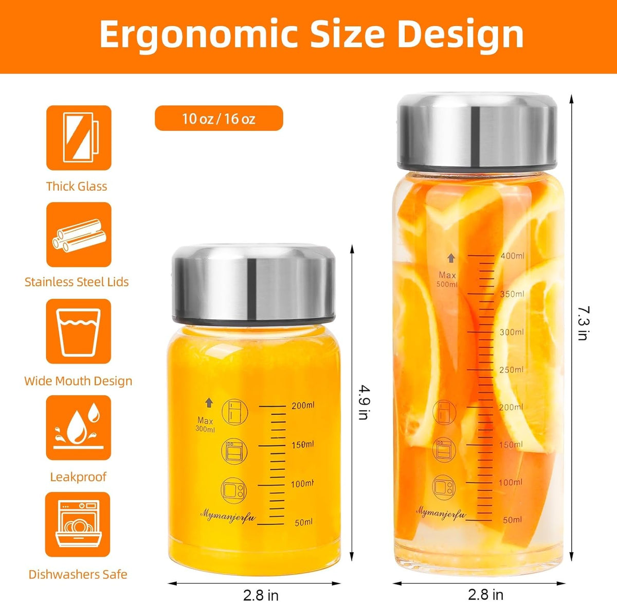 Glass Juice Bottles 4 Pack 10 oz - Wide Mouth Glass Water Bottles with Lids - for Juicing, Smoothies, Milk, Protein, BPA Free, Reusable, Stainless Steel Lids, Leak Proof, Shaker bottle (10oz/300ml)