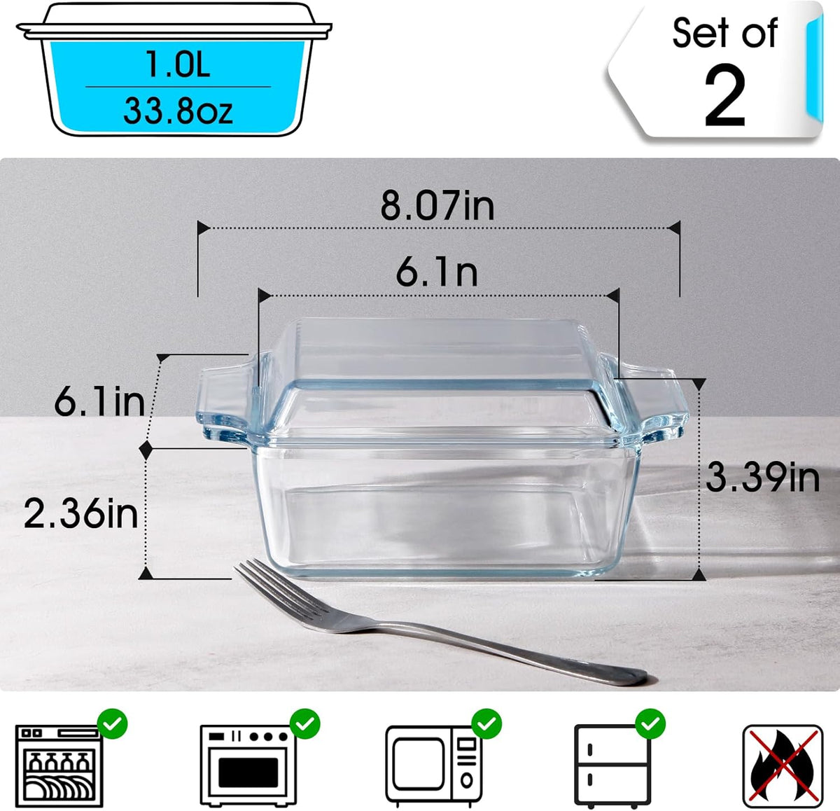 Set of 2 Glass Casserole Dish With Glass Lid, Square 6in x 6in Glass Baking Dish Oven Safe, Mini Casserole Dish with Lid