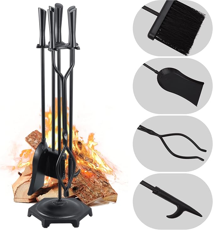 FEED GARDEN Fireplace Tools Set 5 Pieces Modern 32 Inch Outdoor Wrought Iron Fireplace Accessories Set with Log Holder Poker, Tong, Shovel, Brush, Base, Black