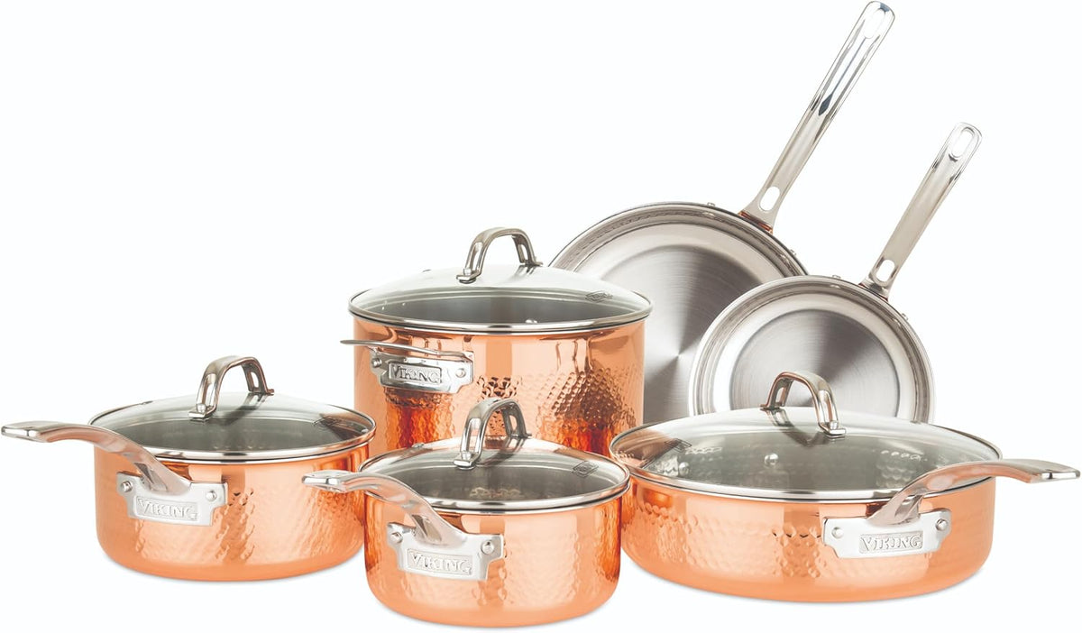 Viking 3-Ply Pots and Pans Set, 10 Piece Copper Kitchen Cookware with Glass Lids, Hammered Copper