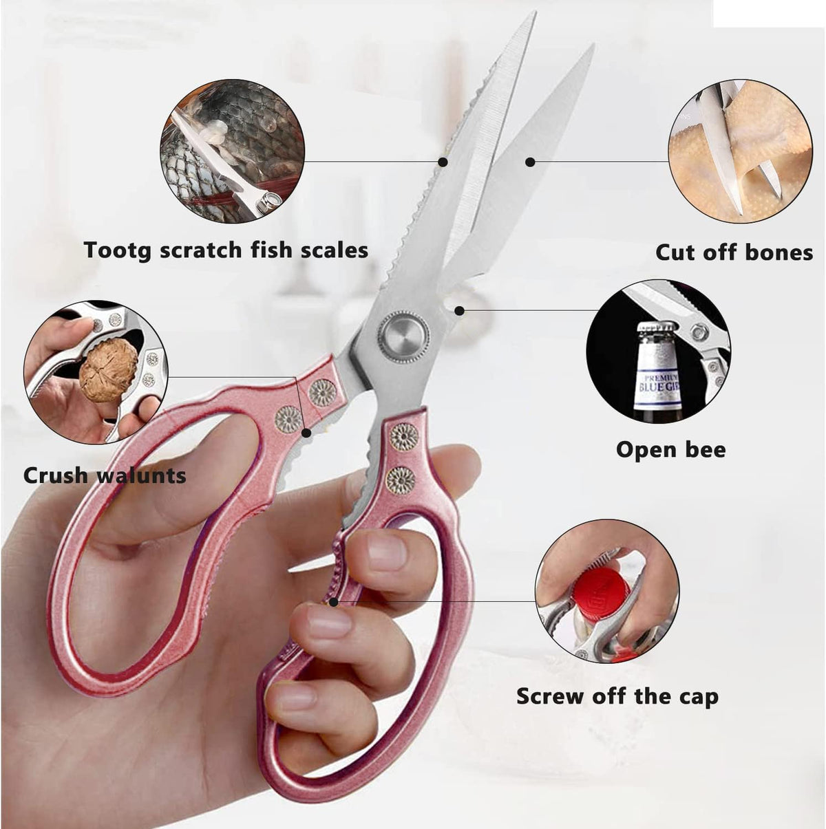 Kitchen Scissors, Heavy Duty Sharp Kitchen Shears Dishwasher Safe, Kitchen Accessories Cooking Shears for Kitchen Meat Chicken Fish Poultry Herb Bread (Rose gold)