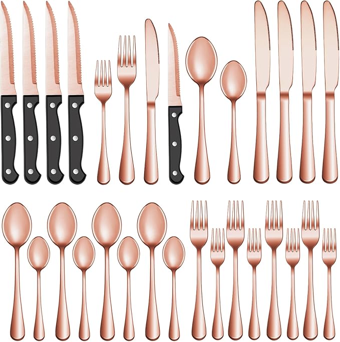 36 Pcs Rose Gold Silverware Set with Steak Knives Service for 6,Stainless Steel Flatware Set,Mirror Polished Cutlery Utensil Set, Kitchen Eating Tableware,Include Fork Knife Spoon Set,Dishwasher Safe