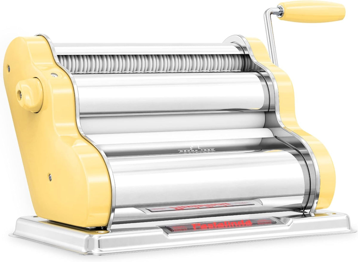 PASTALINDA Classic 260 Pasta Maker Machine, 26 cm Wide Rollers, 9 Thickness Positions, 2 Cutting Positions, Stainless Steel. Includes Reinforced Hand Crank And Two Clamps (Yellow)