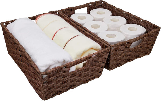 Large Wicker Storage Basket, Metal Frame, Set of 2, Washable Waterproof, 15" x 10.3" x 5.2", Brown Color, Woven Basket for Pantry, Toilet, Bathroom, Bedroom, Patio