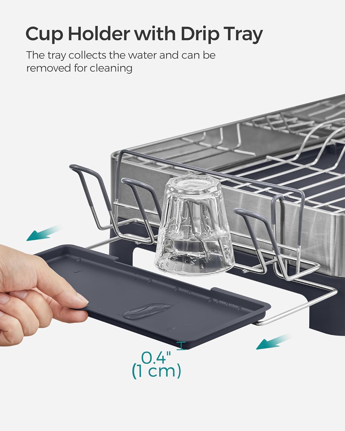 SONGMICS Large Dish Drying Rack, Premium Stainless Steel Dish Rack with Rotatable Spout, Fingerprint-Resistant Dish Drainers for Kitchen Counter, 12.5 x 22.5 in, Silver and Gray UKCS030E01