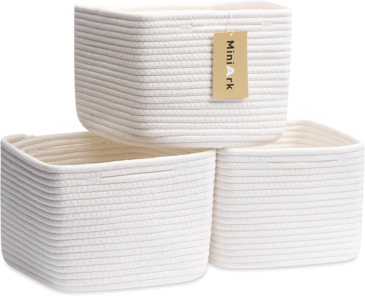 Small Organizing Baskets for Cubes Shelf, 9.7x9.7x7.1 Inch Rope Woven Storage Bins for Nursery Shelves Storage, Cute Toy Basket, Square 3 Packs Off White