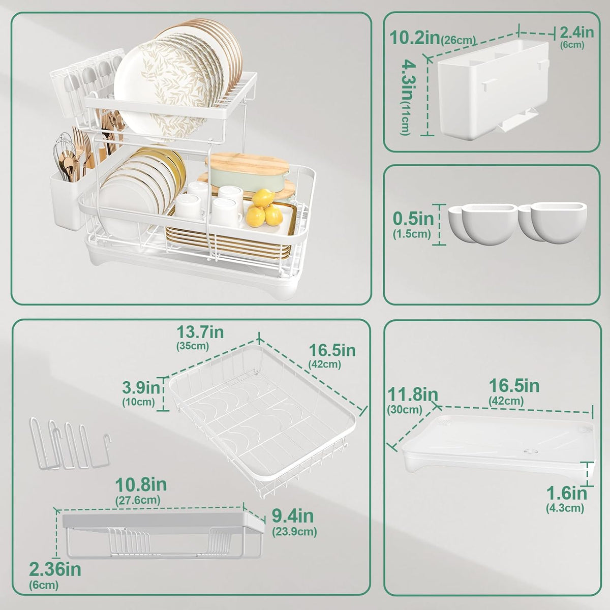 Dish Drying Rack, Two-Tier Dish Drying Rack with Utensil Holder and Cutlery Tray – Auto-Draining Large Capacity Dish Drainer with Drainboard for Kitchen Counter, White