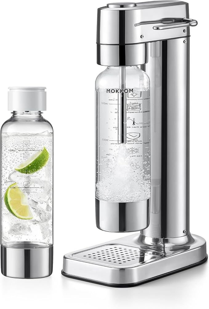MOKKOM Sparkling Water Maker Stainless Steel & 1L Reusable Soda Maker Bottle