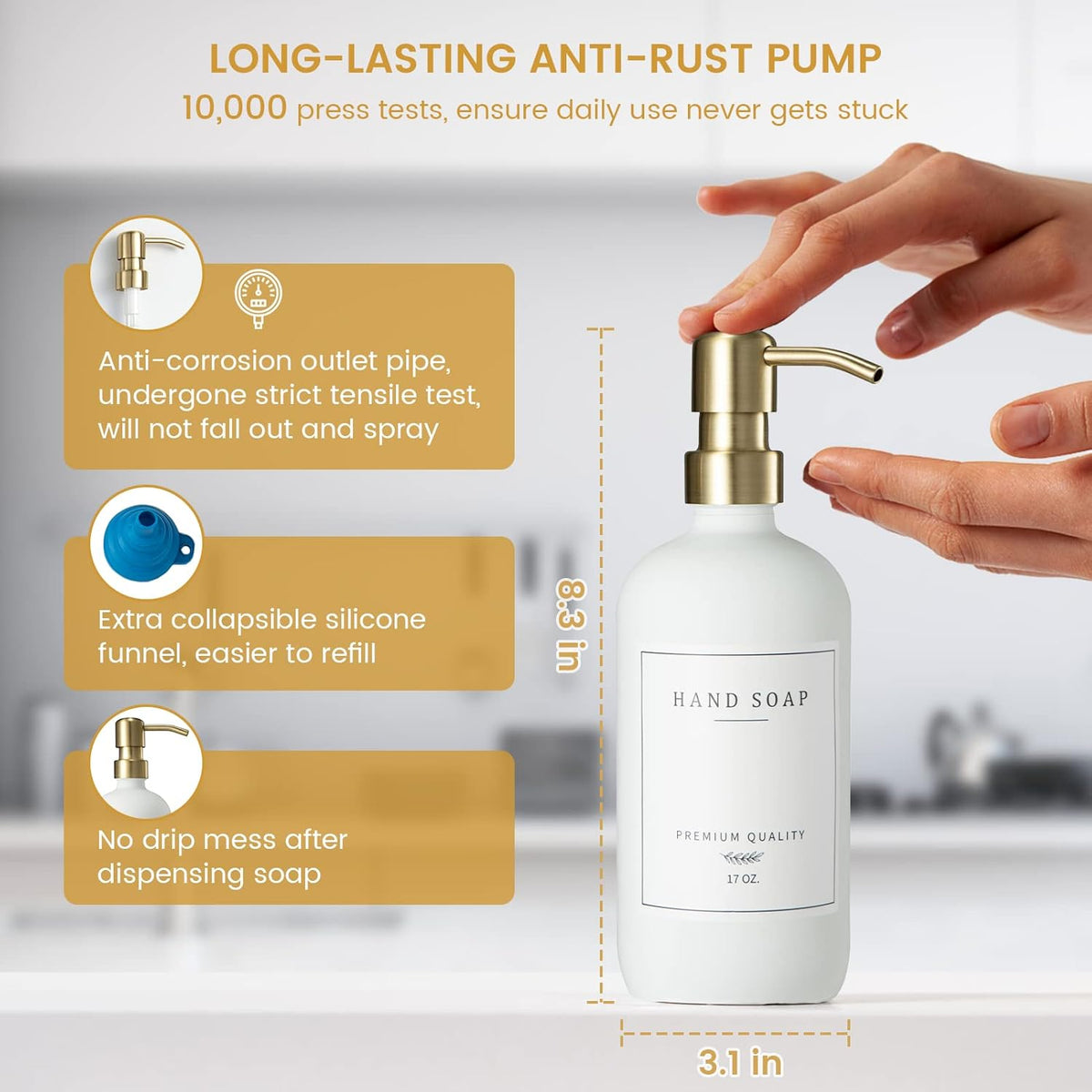 Glass Soap Dispenser for Kitchen, Farmhouse Kitchen Dish Soap Dispenser&Hand Soap Dispenser Set, Rustproof Pump Soap Lotion Dispenser Bathroom with Tray, Waterproof Label for Decor(White
