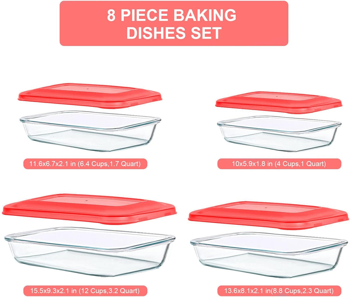 KOMUEE 8 Pieces Glass Baking Dish with Lids Rectangular Glass Baking Pan Bakeware Set with BPA Free Lids, Baking Pans for Lasagna, Leftovers, Cooking, Kitchen, Fridge-to-Oven, Red