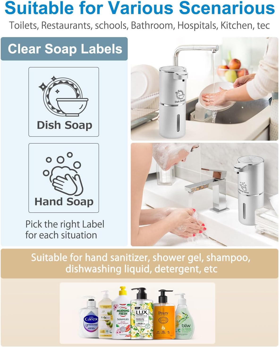 Automatic Liquid Soap Dispenser,4-Level Adjustable, Wall Mount,USB Rechargeable,12.8oz/ 380ml,Touchless Hand & Dish Soap Dispenser for Bathroom, Kitchen,Hotel, Restaurant