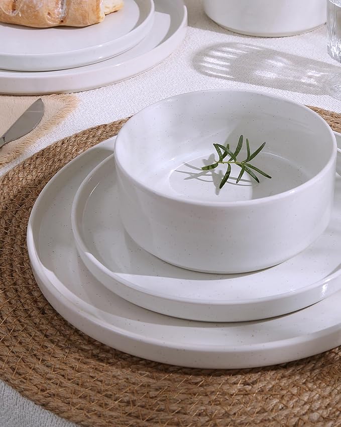 Famiware Nebula Dinnerware Set with Pasta Bowls, Service for 4 (16pcs), Fine Stoneware Plates and Bowls Sets, Microwave and Dishwasher Safe Dishes Set, White