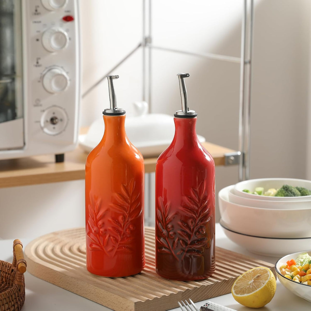 Sweejar Ceramic Olive Oil Dispenser Bottle, 20 Oz Relief Opaque Oil Cruet Protects To Reduce Oxidation, Suitable for Storage Soy Sauce, Coffee Syrup, Liquids, Set of 1 (Gradient Orange)