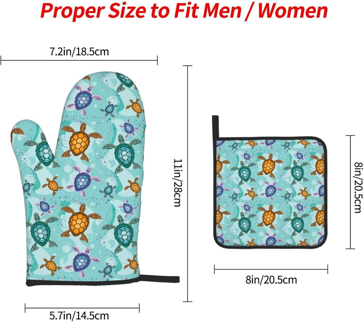 Cute Sea Turtle Beach Oven Mitts and Pot Holders Set Ocean Themed Decorative Heat Resistant Microwave Oven Gloves for BBQ Baking Grilling Cooks Kitchen Decor 3 Piece
