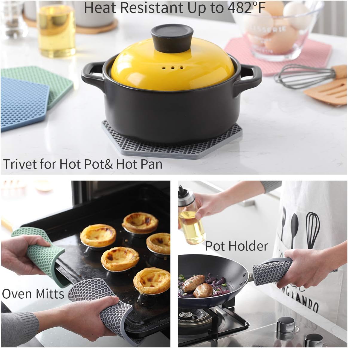 4 Packed Silicone Trivet Mats - DIY Different Size Dish Drying Mat, Hot Pot Holder for Pots & Pans, Non-Slip & Heat Resistant Kitchen Hot Pads for Countertops & Table, White