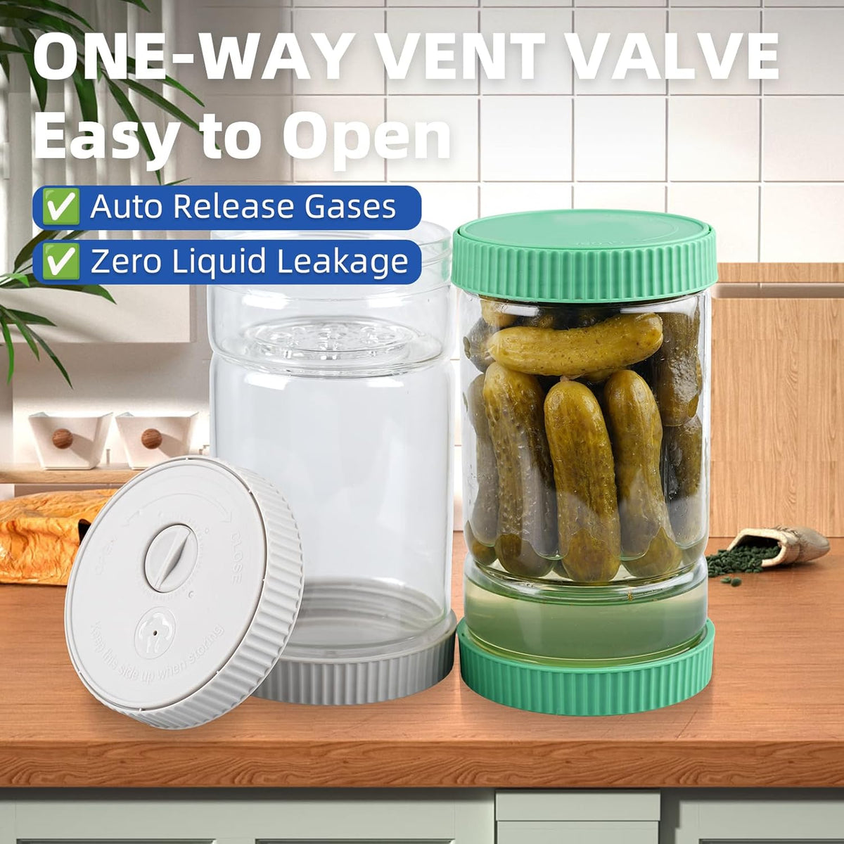 Pickle Jar with Strainer Flip Glass 40oz BPA-Free Airtight Pickles Juice Separator for Olive Jalapeno, Food Storage Containers with Lids for Pickles Lover, Grey