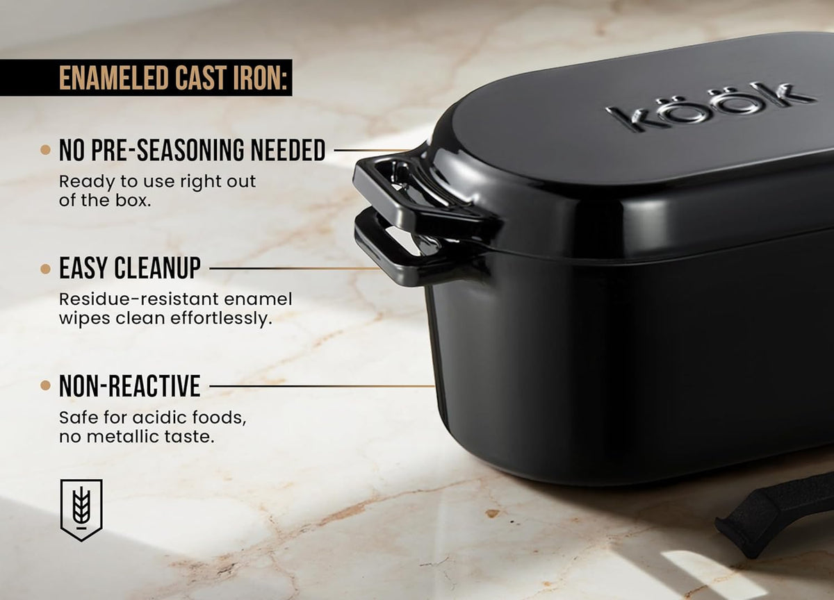 Kook Dutch Oven with Lid, Sourdough Bread Baking Supplies, Banneton Bread Proofing Set, Dual Handles, Enameled Cast Iron, Great for Baking Bread, 3.4 Qt, Artisan Sourdough Bread Making Kit, 9.8 Inch Rattan Baskets and Liners, Oval