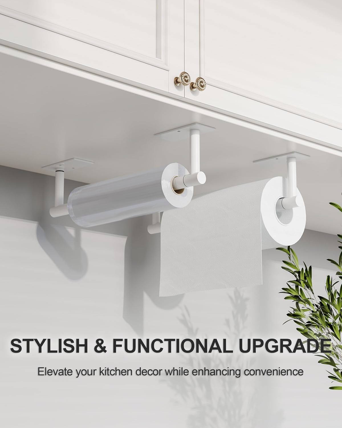 White Paper Towel Holder Under Cabinet, Self Adhesive or Wall Mounted SUS304 Stainless Steel Paper Towel Holder for Kitchen, Bathroom, Farmhouse, Barbecue and Laundry (White)
