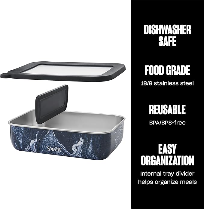 S'well Stainless Steel Bento Box, Azurite Marble, Fits One Large Entree Or Small Entree And Snack, Includes Removable Divider, Leakproof, Easy to Clean, Dishwasher Safe