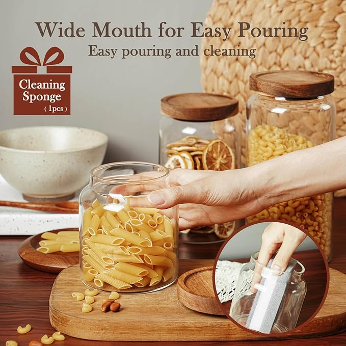 Labina Glass Storage Container Airtight Food Jars Kitchen Canister with Wood Lids, 20 Oz Wide Mouth Pantry Organization Glass Jar for Flour, Sugar, Cookie, Spagetti, Nuts and Candy (2 Pack)