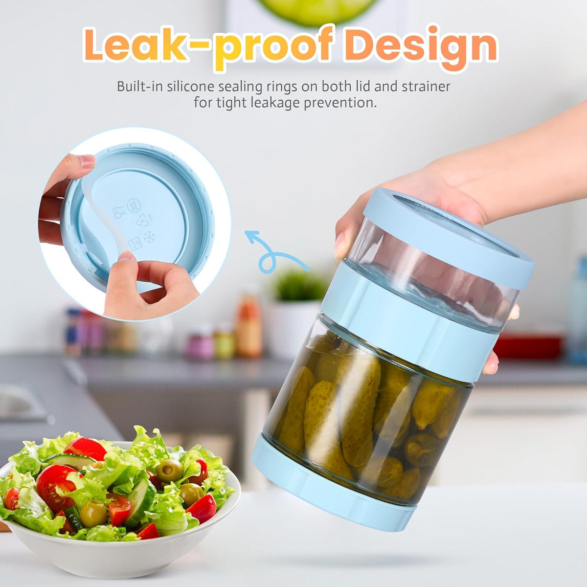 Glass Pickle Jar with Strainer Flip, 56oz Airtight Pickle Container, Leak-proof Juice Separator Pickle Flip Jar with Sealing Silicone Ring for Olive, Sliced Pickle and Jalapeno, Dishwasher Safe