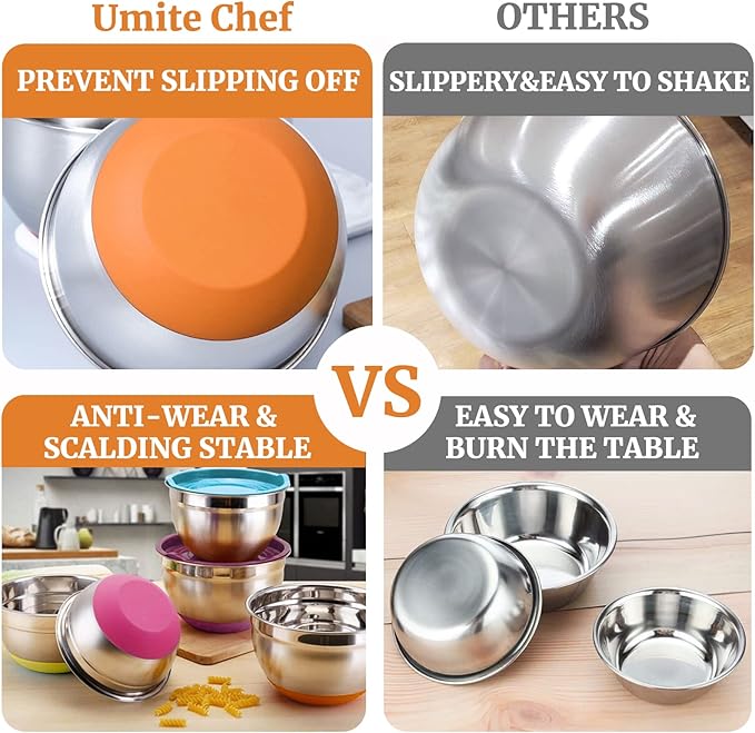 Umite Chef Mixing Bowls with Airtight Lids, 6 Piece Stainless Steel Metal Bowls, Measurement Marks & Colorful Non-Slip Bottoms Size 7, 3.5, 2.5, 2.0,1.5, 1QT, Great for Mixing & Serving