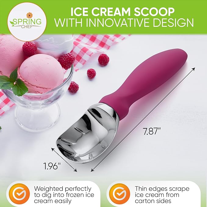 Spring Chef Premium Ice Cream Scoop, Magenta & Stainless Steel Measuring Cups with Pour Spout, Set of 7-2 Product Bundle
