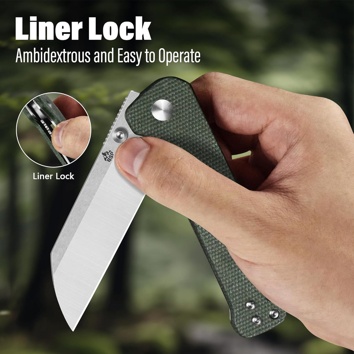 QSP Penguin V2 Folding Pocket Knife, 3.06" D2 Two Tone Finish Stonewash Satin Blade EDC Knife, Green Micarta Handle, Liner Lock, Ceramic Ball Bearings, Reversible SS Deep Carry Clip