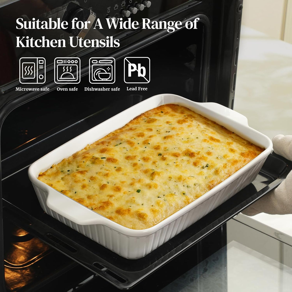 DOWAN Casserole Dishes for Oven, Baking Dishes Set, Ceramic Bakeware Sets of 3, Lasagna Pan Deep, Rectangular Baking Pan Set with Handles for Baking, Casserole, Kitchen, Wedding Gift, White (13''/8''/4'')