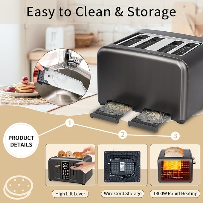 SEEDEEM Toaster 4 Slice, Full Touch control Toaster, LCD Display, 6 Bread Type, 7 Shade Settings, 1.4''Wide Slots，More Time Function, Removable Crumb Tray, 1800W, Dark Metallic