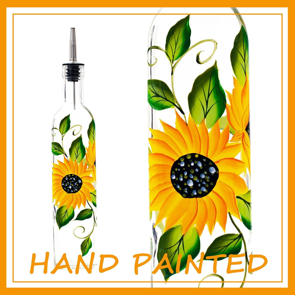 17oz Hand Painted Glass Olive Oil Bottle Dispenser - 500ml Green Oil & Vinegar Cruet with Pourers - Olive Oil Carafe Decanter for Kitchen (sunflower2)