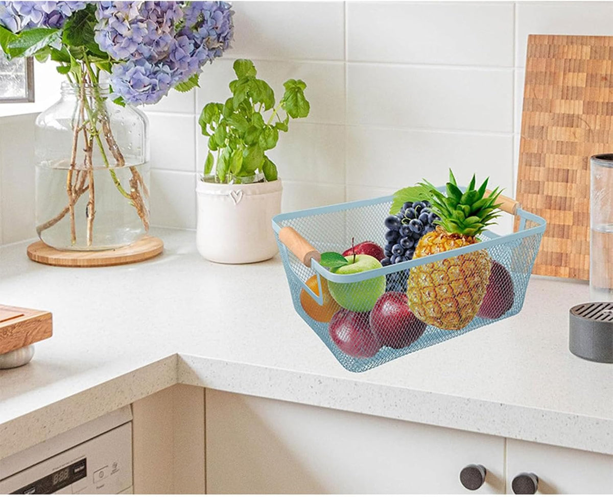 Metal Mesh Steel Basket, Small Wire Storage Organizer Baskets Multi-function Hanging Kitchen Basket with Wood Handle for Kitchen Bathroom Picnic Home, Rectangle-Blue