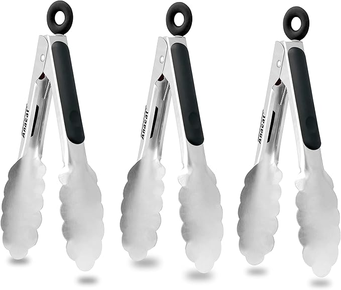 Anaeat 3 Pack 7" Mini Stainless Steel Cooking Tongs - Sturdy Coiled Spring Locking Kitchen Food Tong with Non-Slip Silicone Grip for Serving, Cooking, Baking - Heat Resistant up to 480°F (Black)