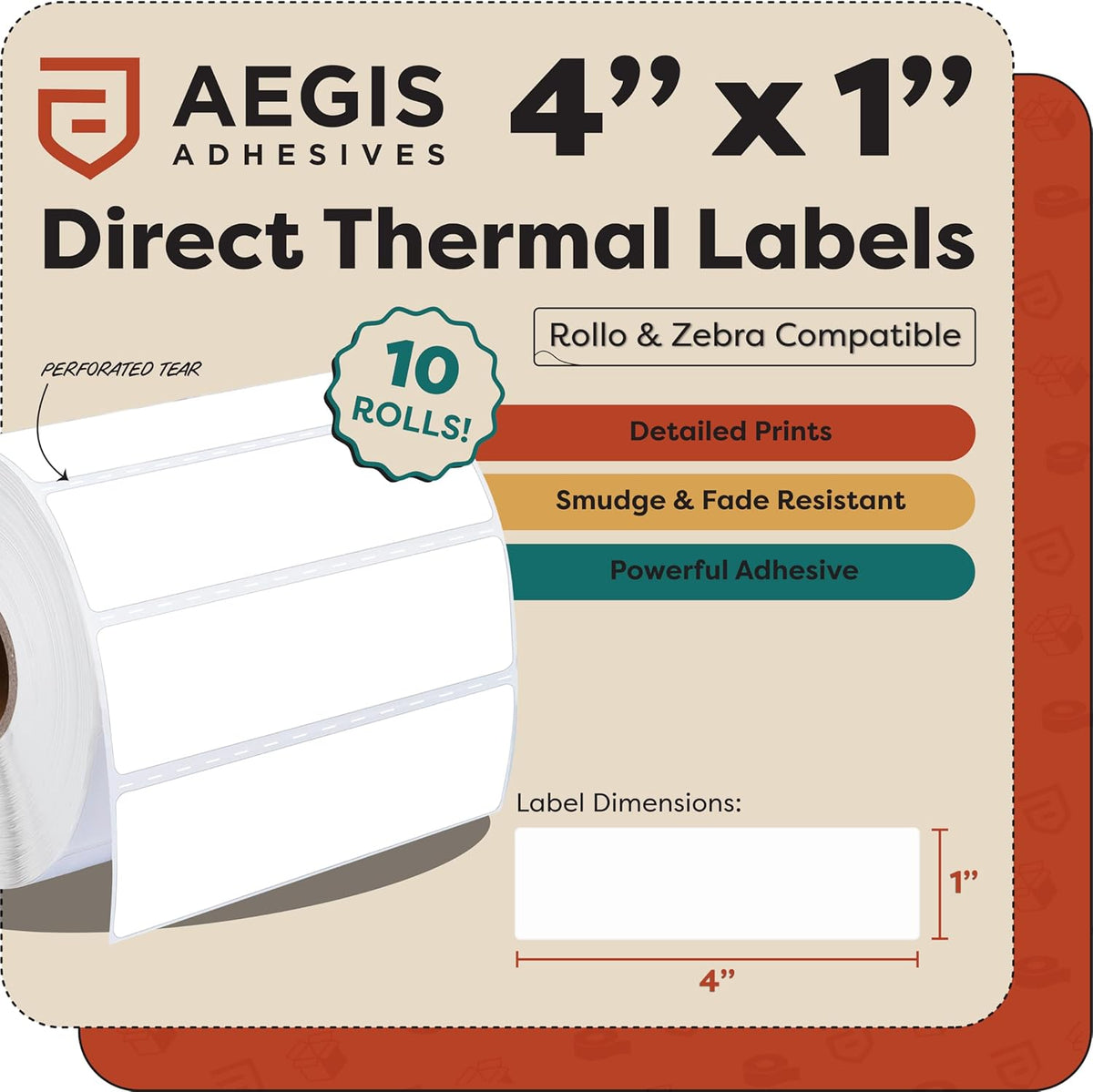 Aegis Adhesives - 4” X 1” Direct Thermal Labels for Barcodes, Address, Perforated & Compatible with Rollo, Zebra, & Other Desktop Label Printers (10 Rolls, 1300/Roll)