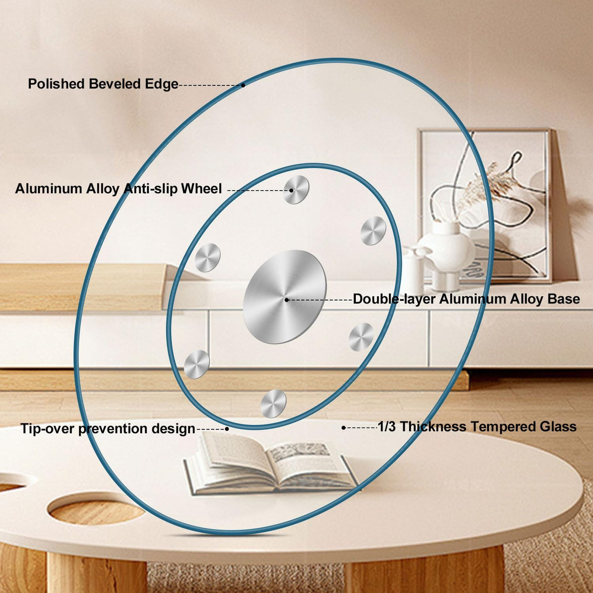 36" Heavy-Duty Lazy Susan Turntable - 1/3" Thick Extra-Thick Tempered Glass - Silent & Smooth Swivel for Large Dining Tables, Centerpiece