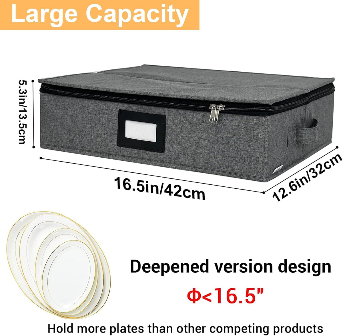 Platter Storage Case - Stackable China Storage Containers Hard Shell with Durable Zipper & Label & Sturdy Handles, 5.3” Height, Structured Top, 4 Felt Dividers Included (Dark Gray)