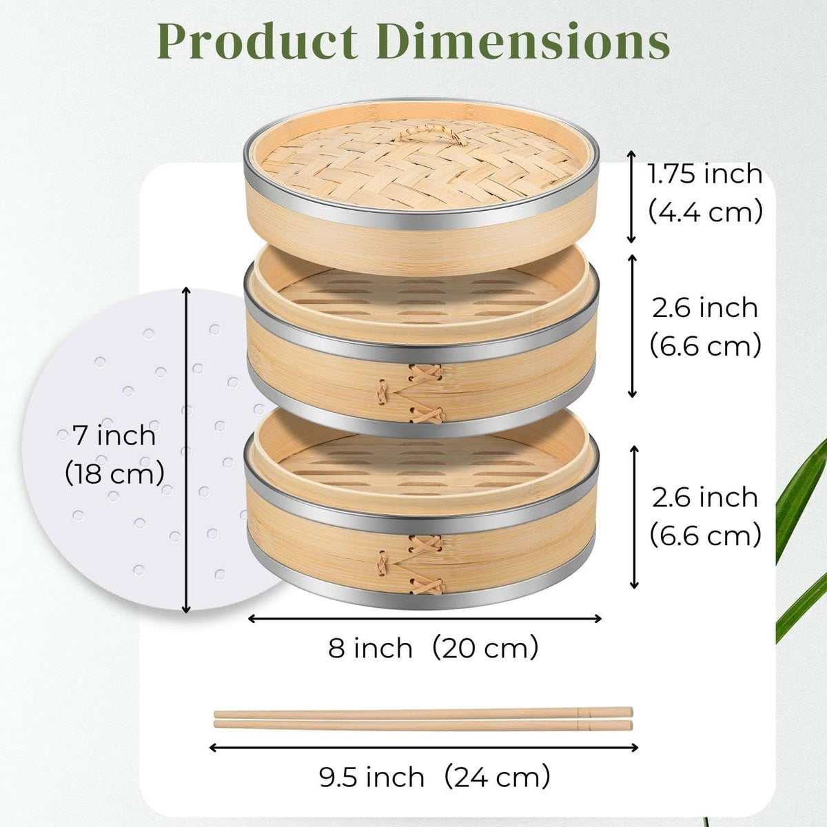 Flexzion Bamboo Steamer Basket Set (8 inch) with Stainless Steel Banding, 50 x Steamer Liners and 2 Pairs of Chopsticks, Steam Baskets for DimSum Dumplings, Rice, Vegetables, Fish and Meat