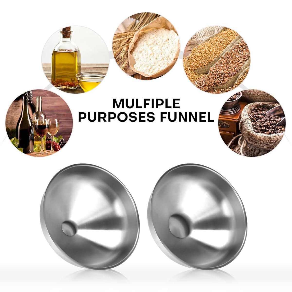 Stainless Steel Metal Funnel Set of 2, Kitchen Filling Funnel (0.5-inch Narrow Mouth) and (1-inch Wide Mouth), Practical Tools for Transferring Spices, Oils, Food and Beer