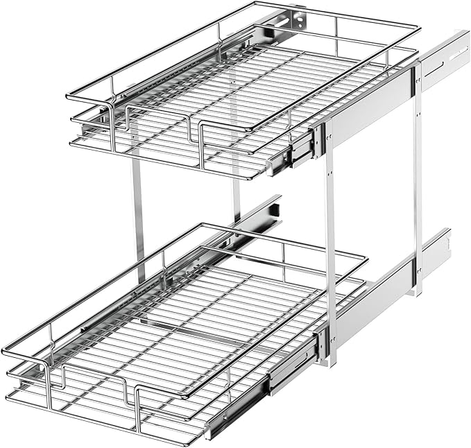 LOVMOR 2 Tier Individual Pull Out Cabinet Organizer 11½" W x 21½" D, Slide Out Kitchen Cabinet Storage Sliding Shelves