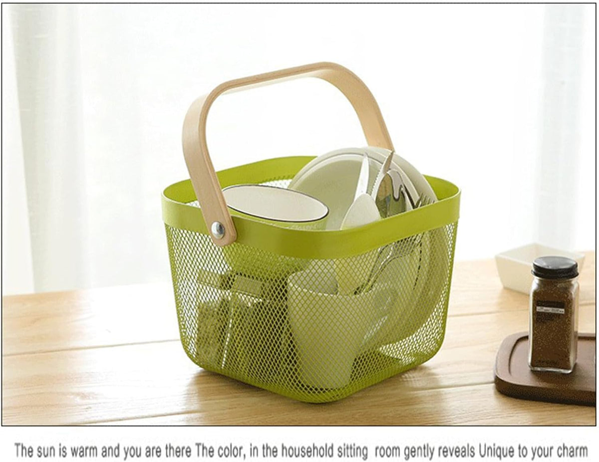 Metal Mesh Steel Basket, Storage Organizer Basket Multi-functional Hanging Kitchen Baskets Fruit Basket with Wooden Handle for Kitchen Bathroom Picnic Shopping Decor Cabinet Home, Macaron Green